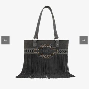 Trinty Ranch Tooled Fringe Black Leather Carry Tote Bag NWT